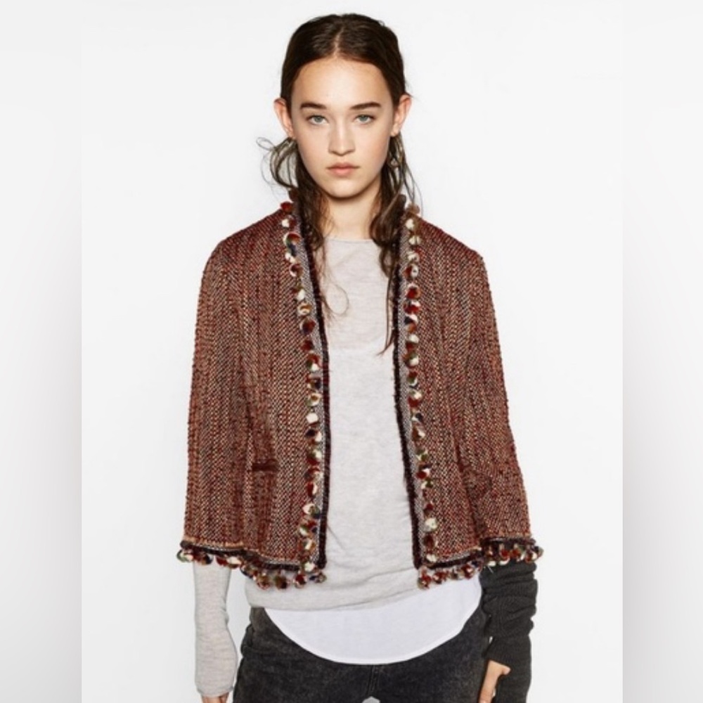 NWT Zara Pom Pom Tweed Red and Black Cropped Blazer Jacket Size M 100% Viscose